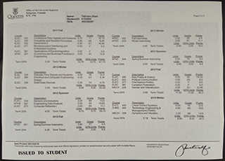 Queen's University transcript